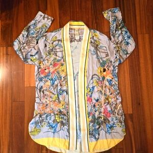Aratta Silent Journey Medium Floral Birds Kimono w/Yellow Trim Boho Hippie Light